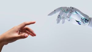 ai and human hands shake